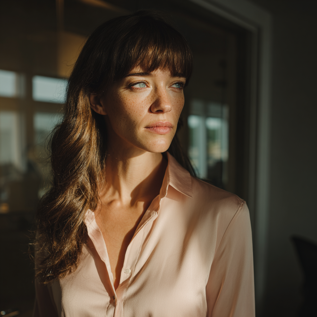 Una mujer pensativa de pie en una oficina | Fuente: Midjourney