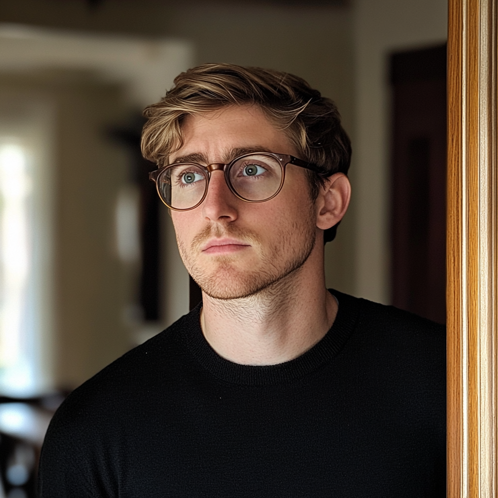 Un hombre con gafas de pie en una puerta | Fuente: Midjourney