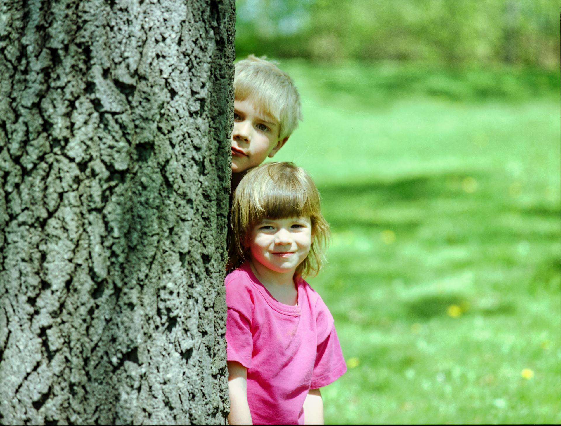 Un niño y una niña de pie detrás de un árbol | Fuente: Pexels