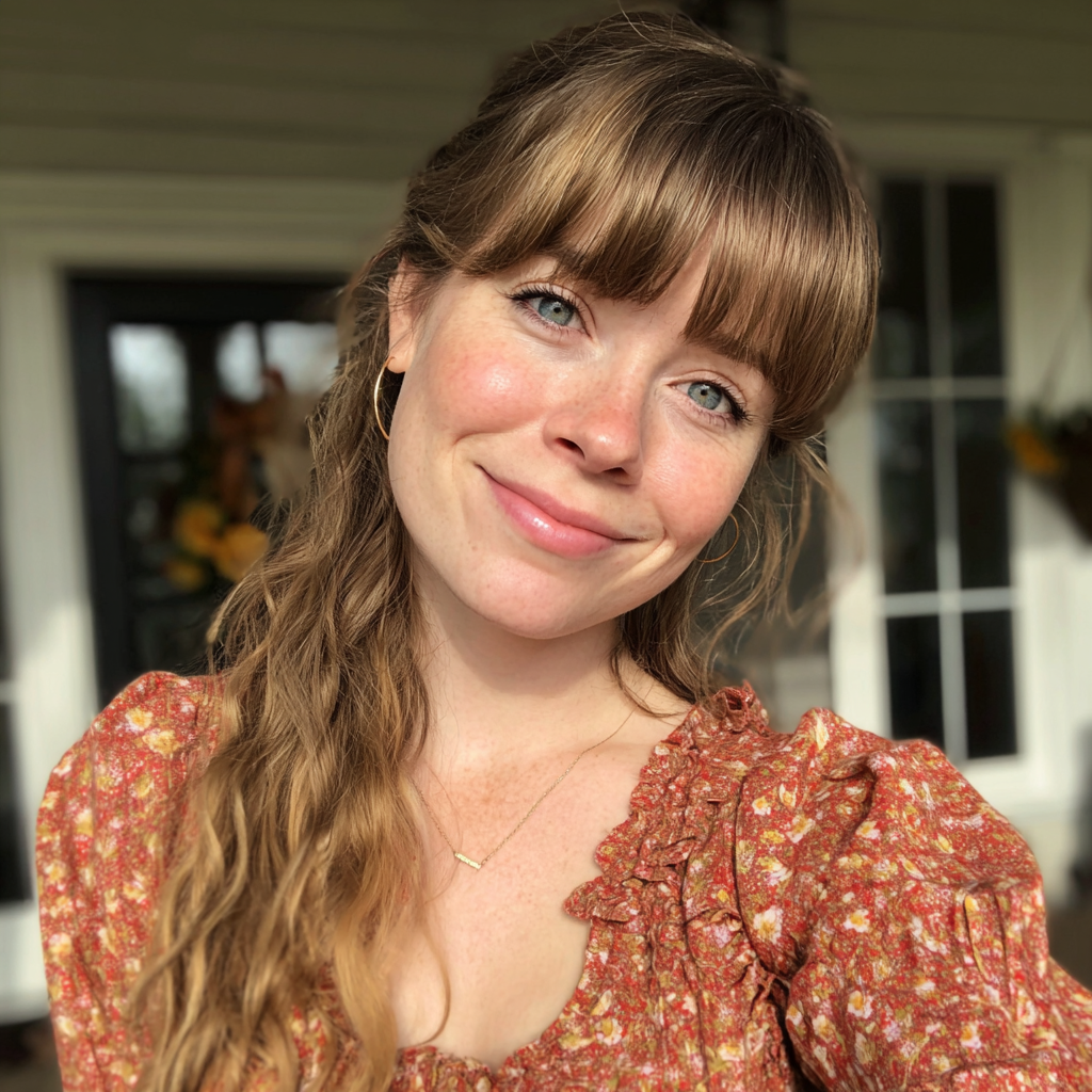 Una mujer sonriente de pie en un porche | Fuente: Midjourney