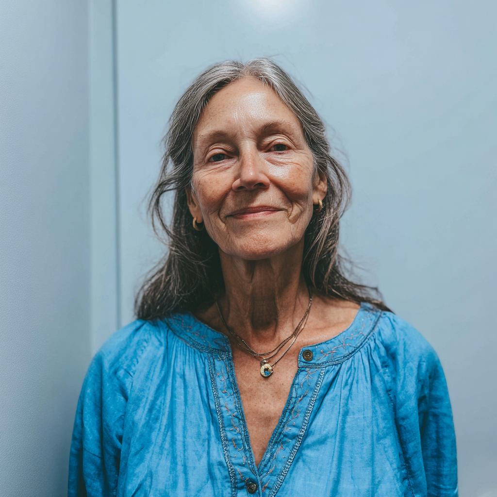 Una mujer mayor sonriente con una blusa azul | Fuente: Midjourney