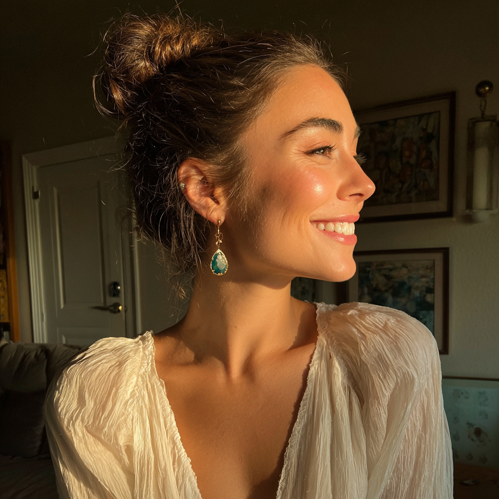 Una mujer sonriente con un vestido blanco | Fuente: Midjourney