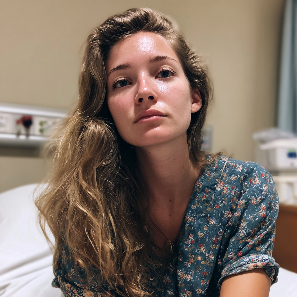 Primer plano de una mujer sentada en una cama de hospital | Fuente: Midjourney