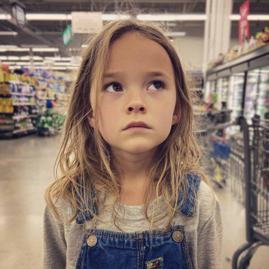 Una niña preocupada en una tienda de comestibles | Fuente: Midjourney