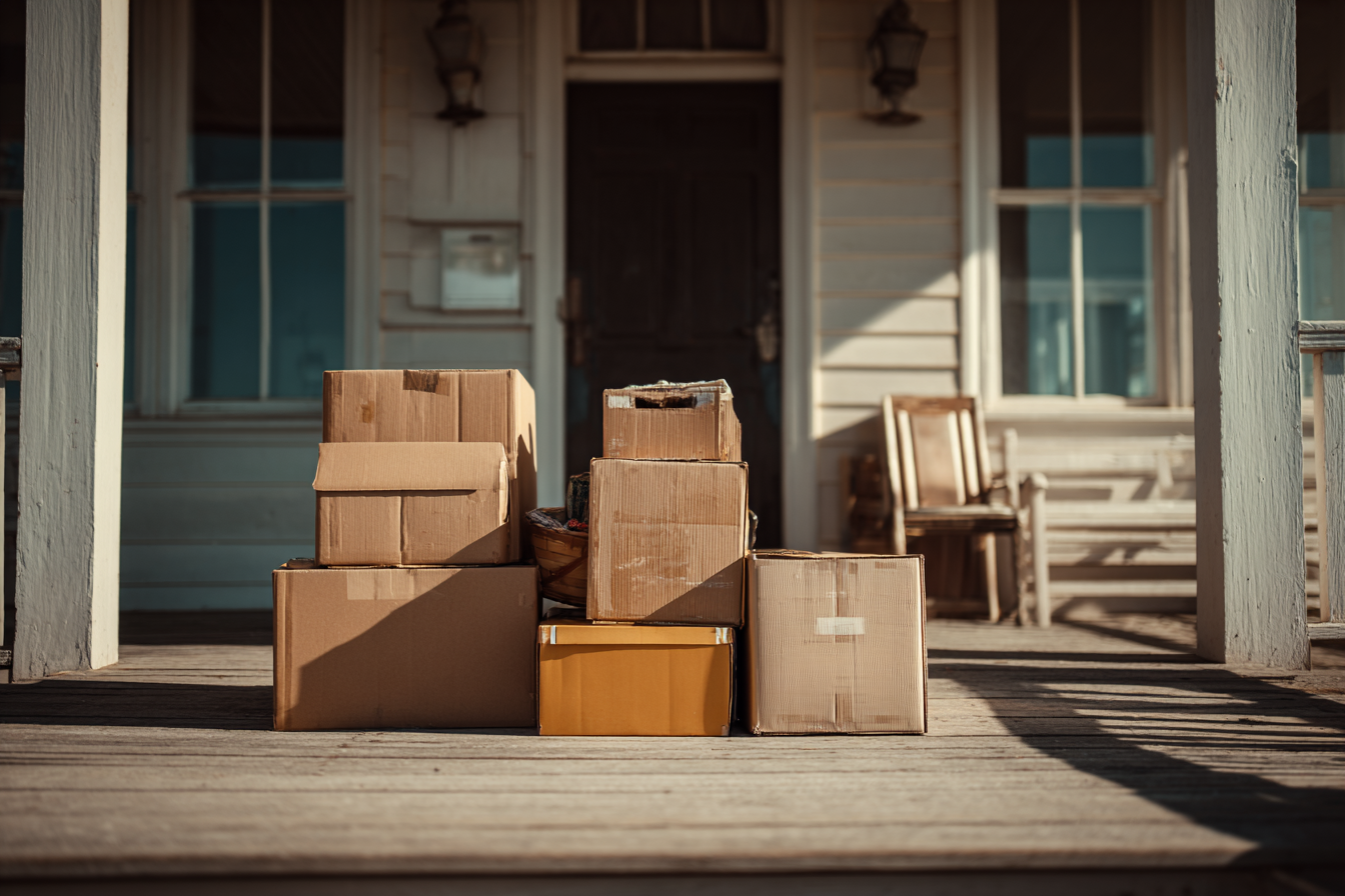 Cajas de cartón tiradas en el porche de una casa | Fuente: Midjourney