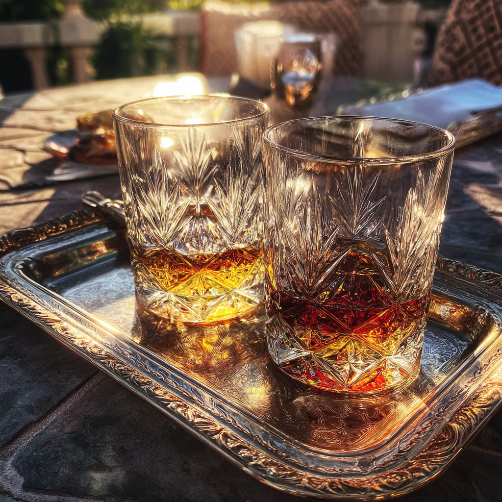 Vasos de whisky en una bandeja de plata | Fuente: Midjourney