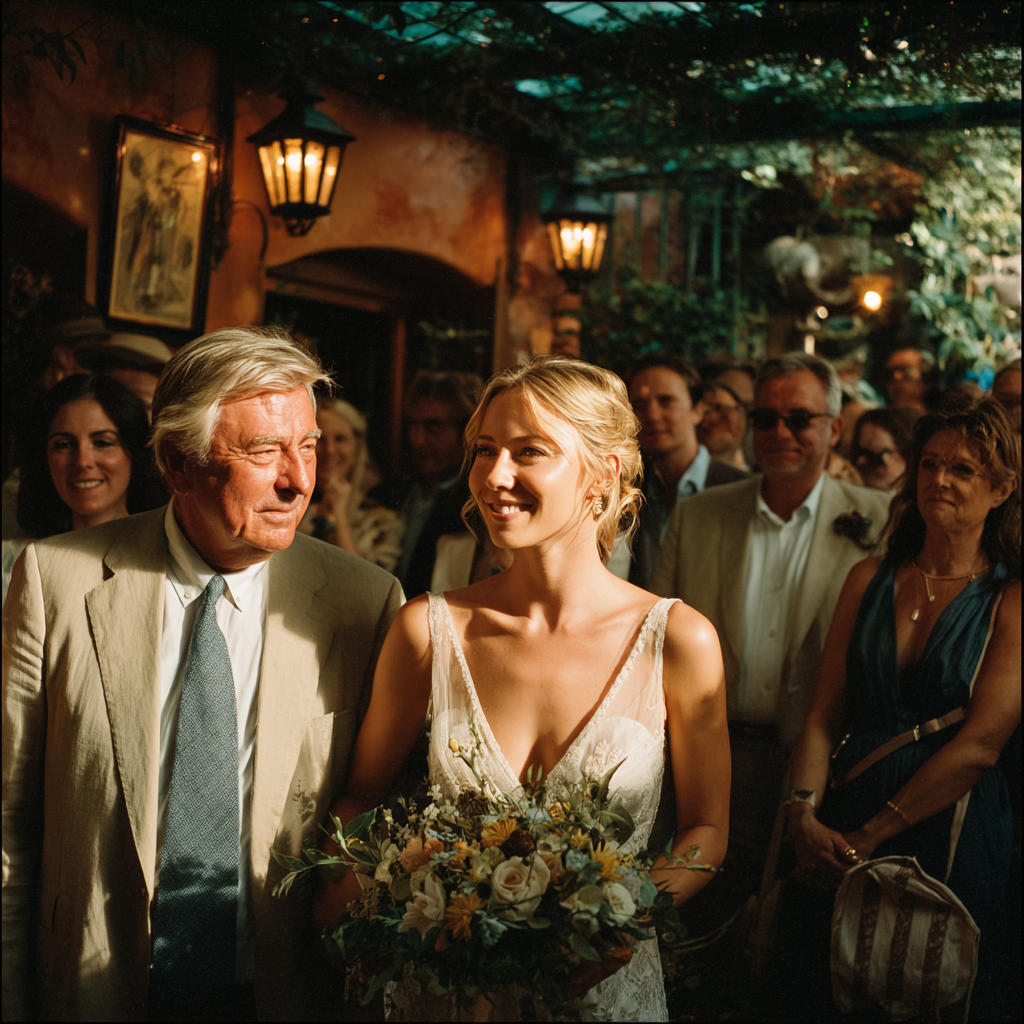 Una novia feliz caminando hacia el altar con su padre | Fuente: Midjourney