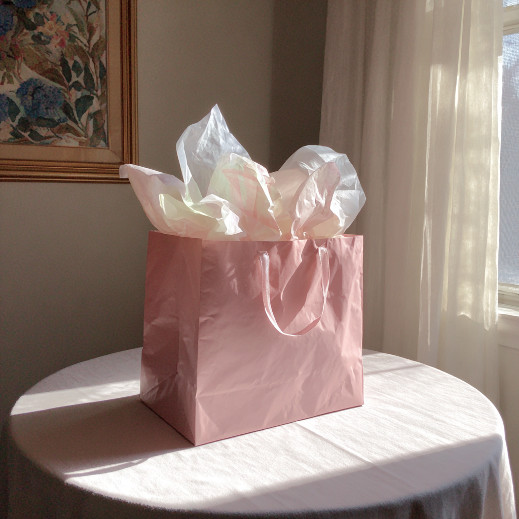 Una bolsa de regalos rosa sobre una mesa | Fuente: Midjourney