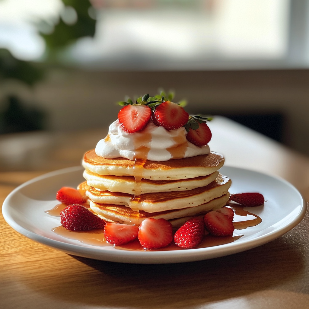 Una pila de tortitas de fresa | Fuente: Midjourney