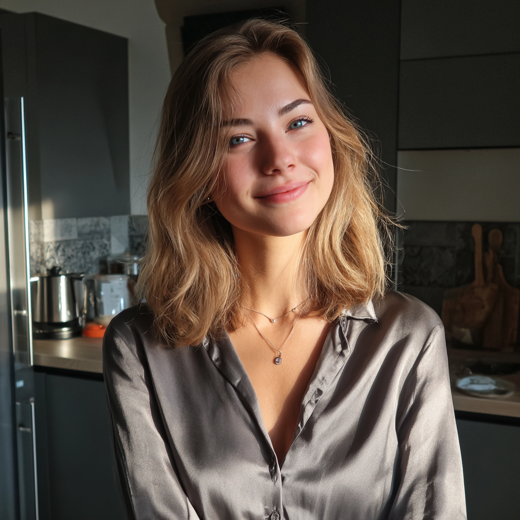 Una mujer sonriente con una blusa de seda | Fuente: Midjourney