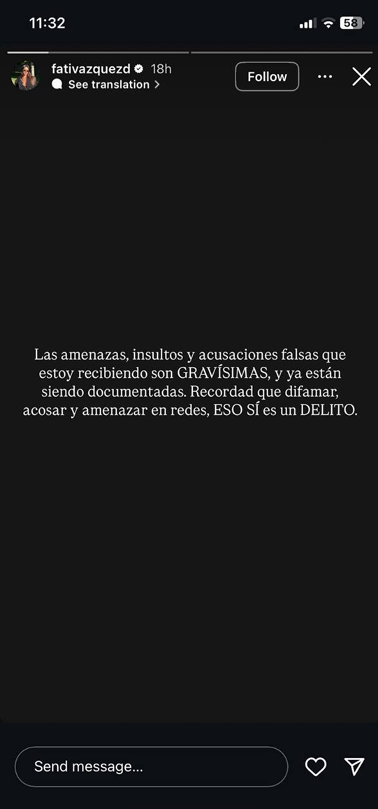 Comunicado de Fati Vázquez en sus Historias de Instagram | Fuente: Instagram Stories/fativazquezd