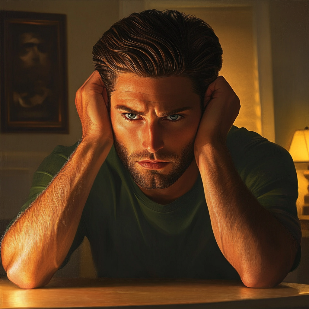 Un hombre estresado sentado en una mesa | Fuente: Midjourney