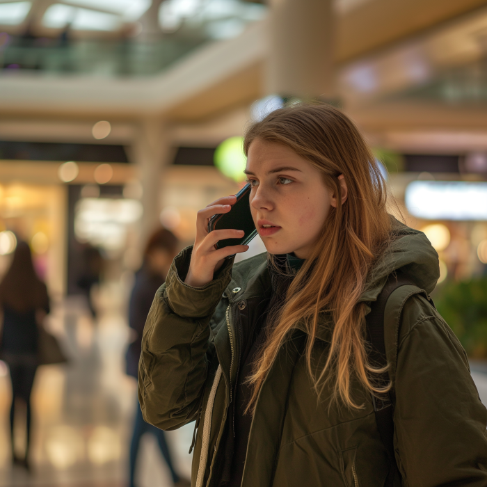 Una joven preocupada hablando por teléfono en un centro comercial | Fuente: Midjourney