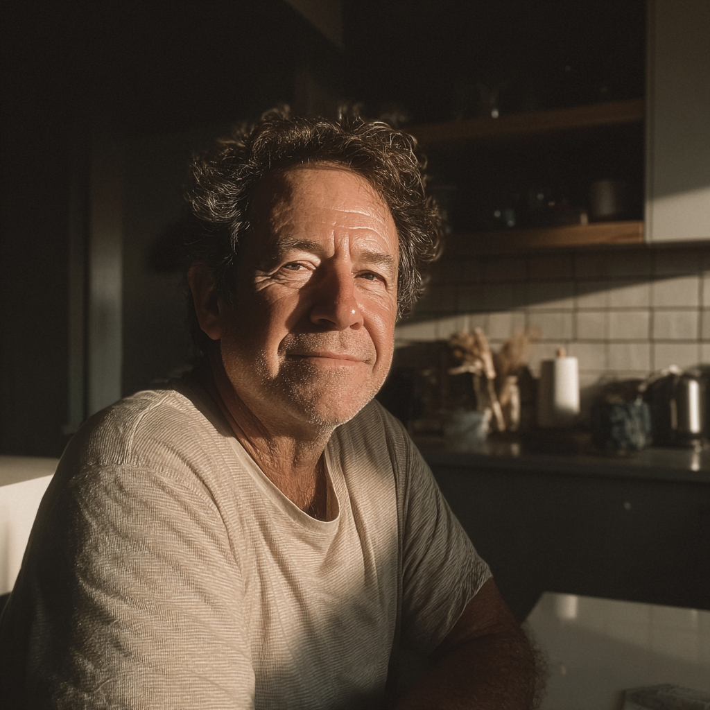 Un hombre sonriente sentado a la mesa de la cocina | Fuente: Midjourney