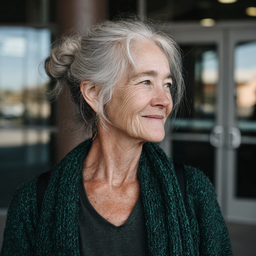 Una mujer sonriente frente a un centro comunitario | Fuente: Midjourney