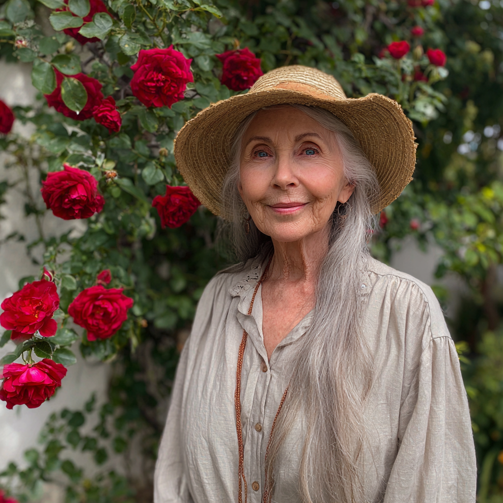 Una anciana sonriente de pie en su jardín | Fuente: Midjourney