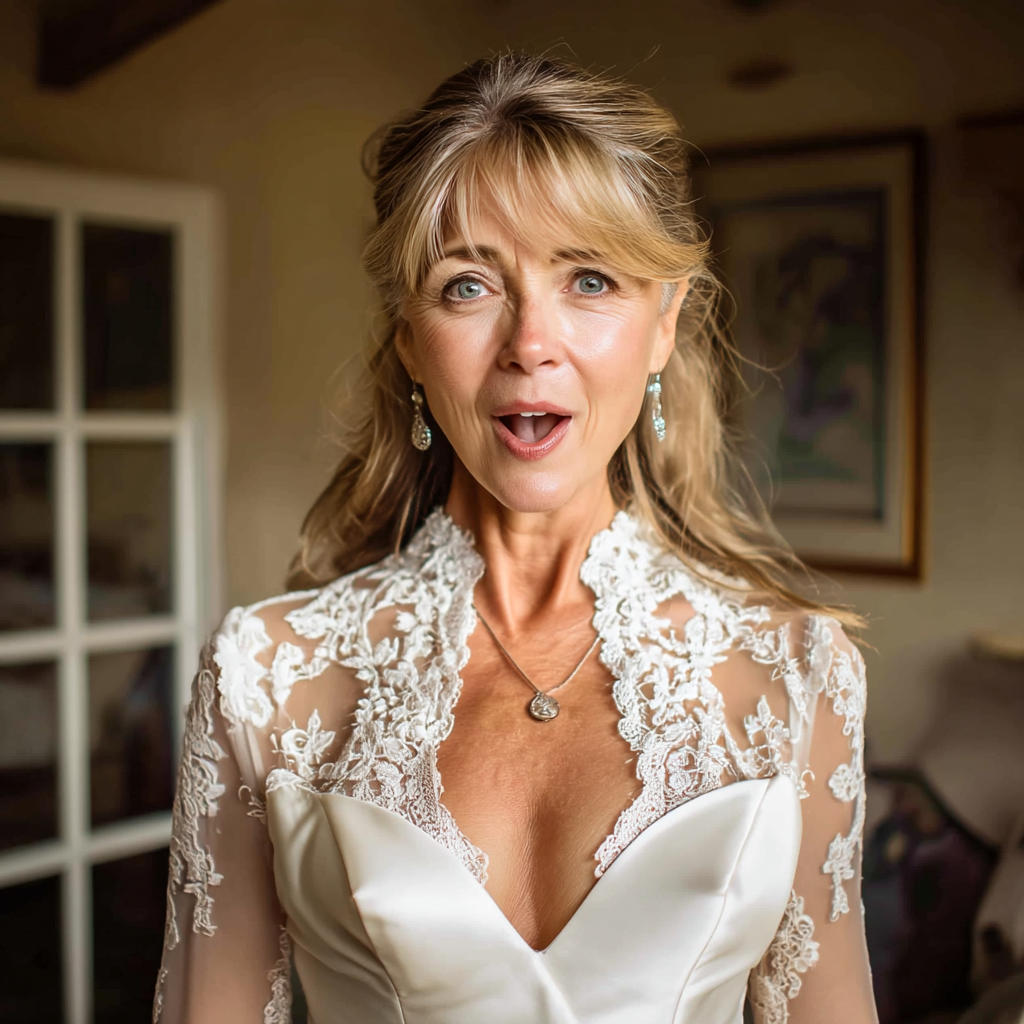 Una mujer sorprendida con un vestido de novia | Fuente: Midjourney