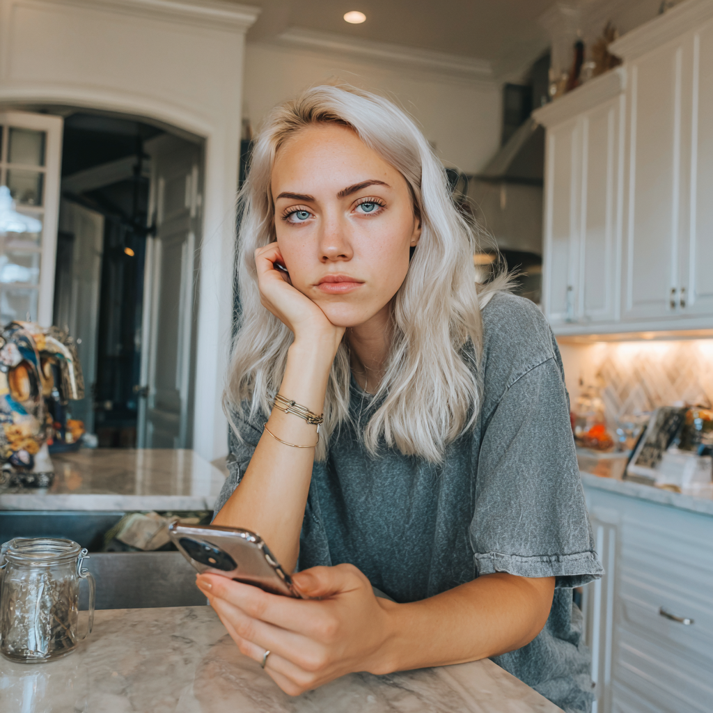 Una mujer malhumorada usando su móvil | Fuente: Midjourney