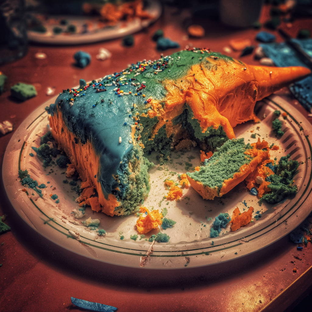 Una tarta de cumpleaños destruida | Fuente: Midjourney