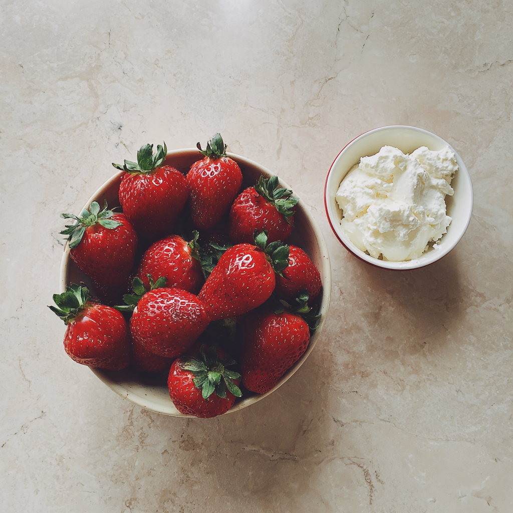 Cuencos de fresas y queso fresco sobre la encimera de una cocina | Fuente: Midjourney