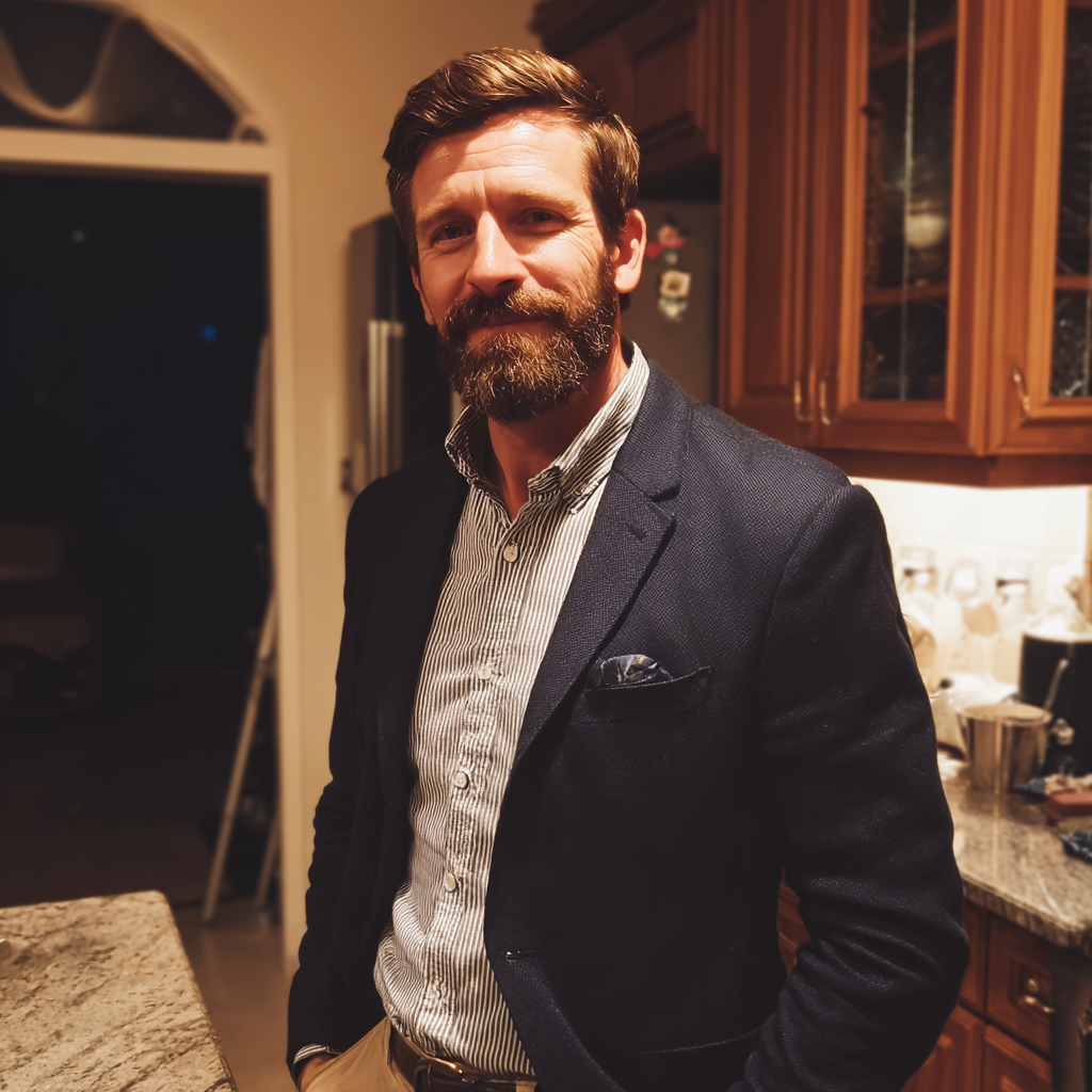 Un hombre sonriente vestido con una chaqueta azul marino | Fuente: Midjourney