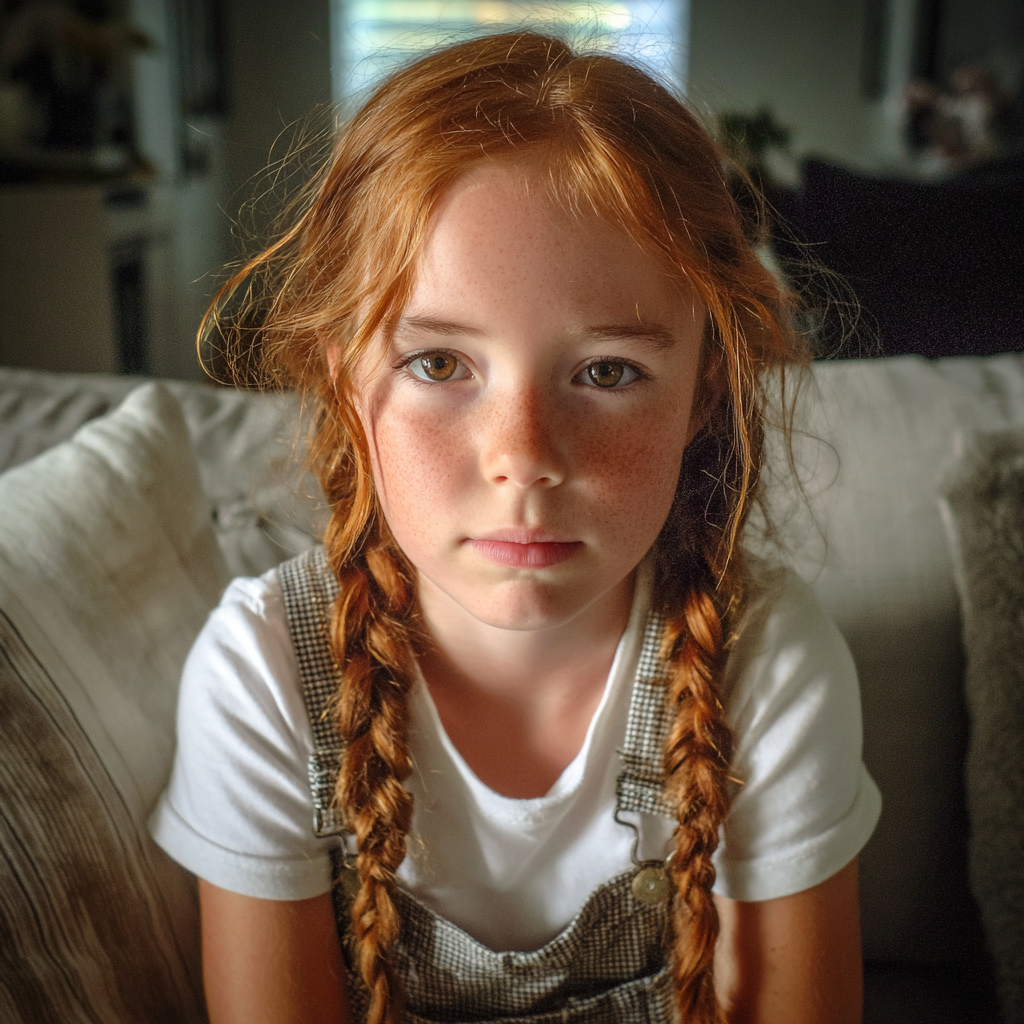 Una niña sentada en un sofá | Fuente: Midjourney