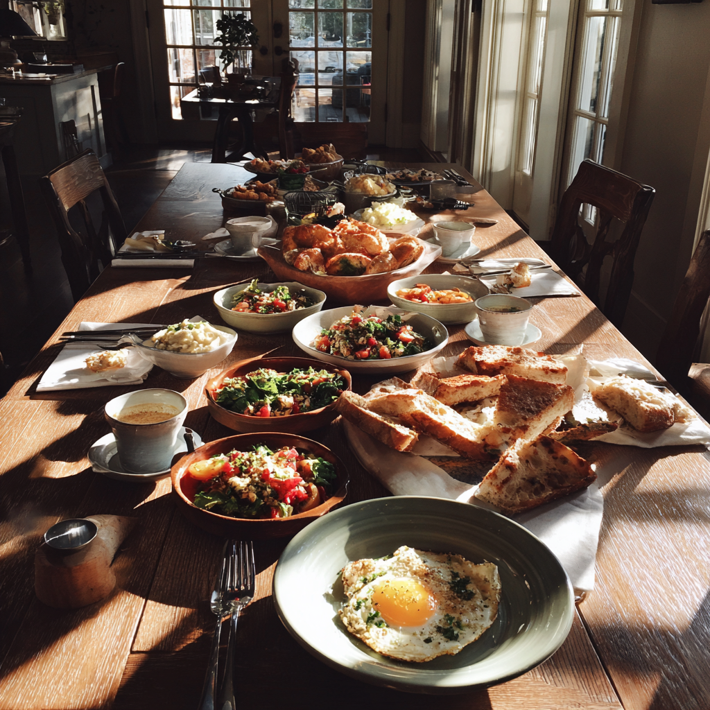 Un brunch extendido sobre una mesa | Fuente: Midjourney