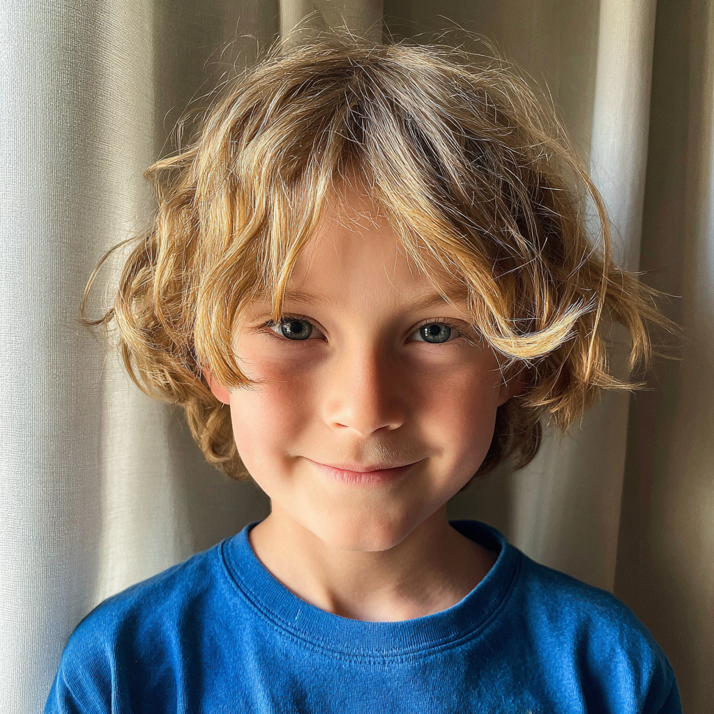 Un niño sonriente con una camiseta azul | Fuente: Midjourney