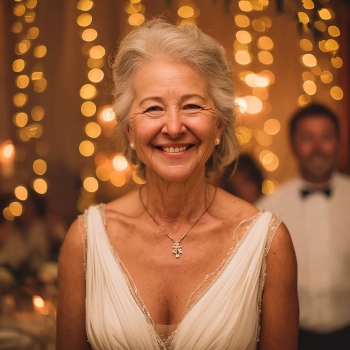 Una mujer mayor con un vestido blanco en una boda | Fuente: Midjourney