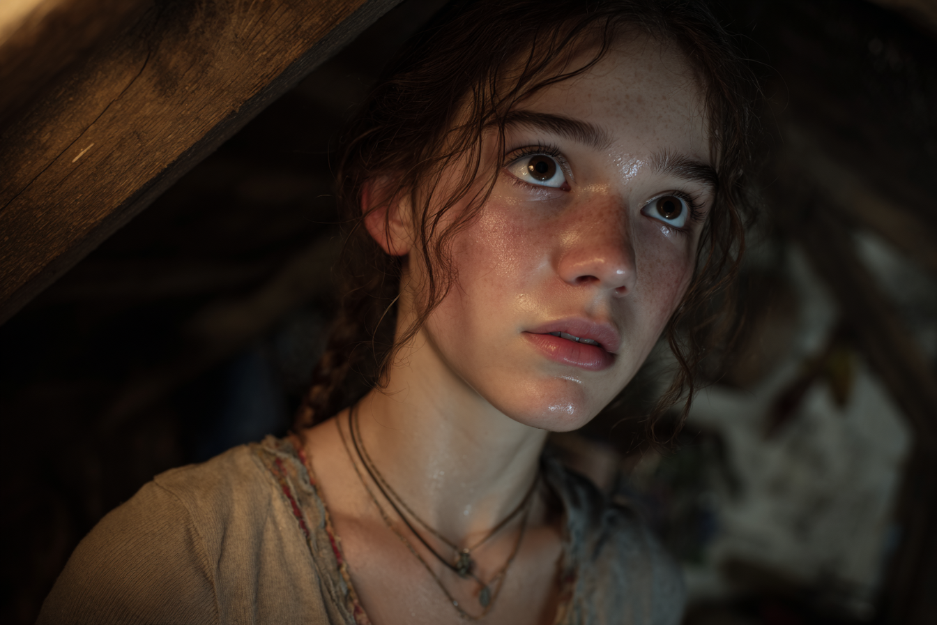 Una niña de pie en un desván | Fuente: Midjourney