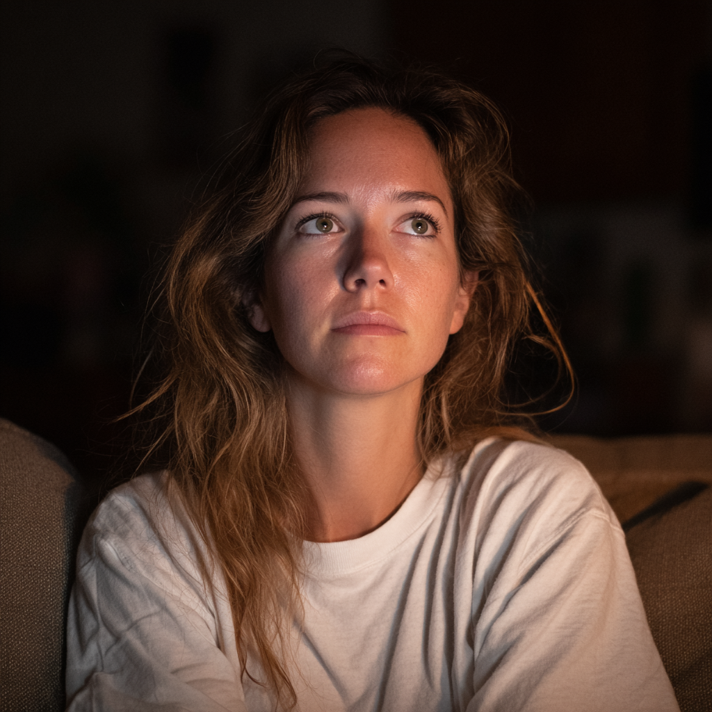 Una mujer pensativa sentada en un sofá | Fuente: Midjourney