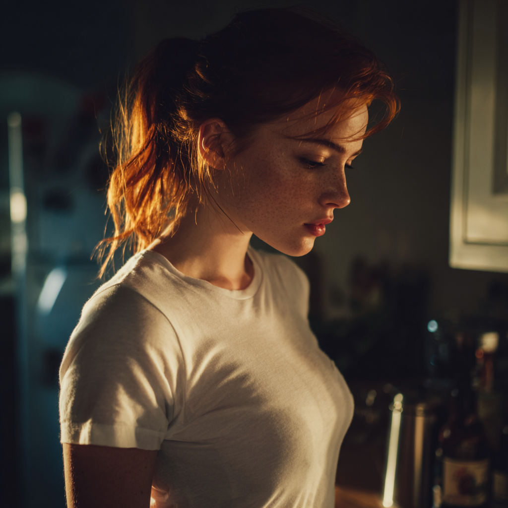 Una mujer de pie en una cocina con cara de preocupación | Fuente: Midjourney