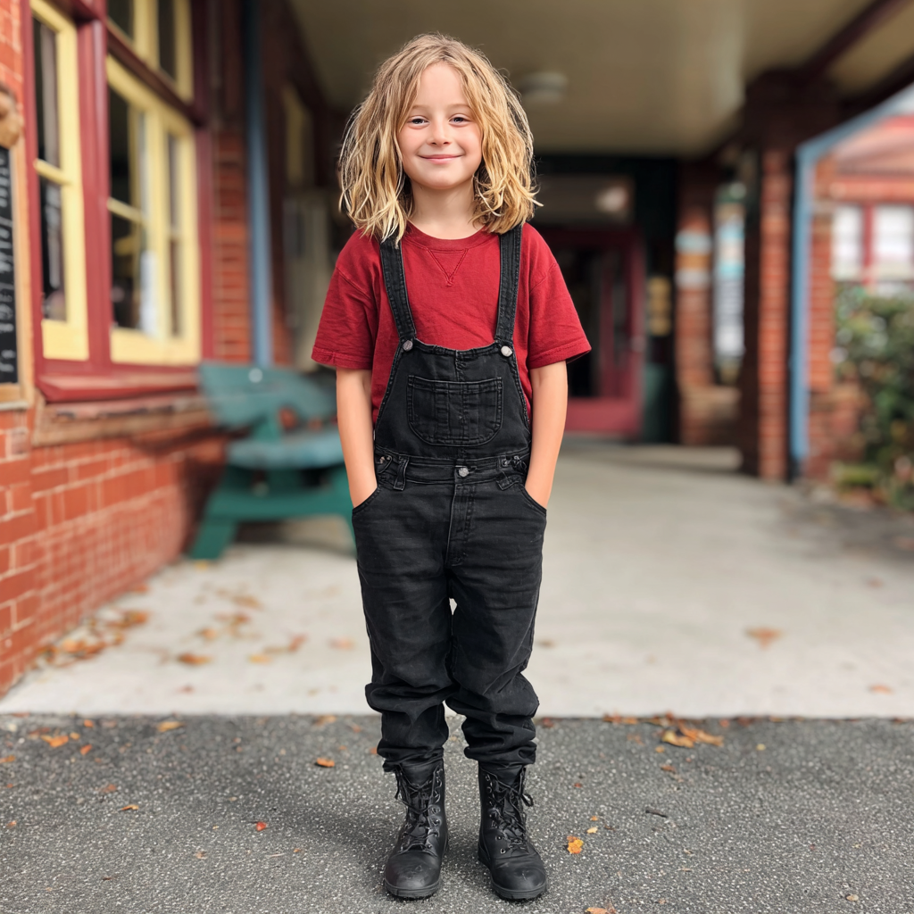 Una niña frente a una escuela | Fuente: Midjourney