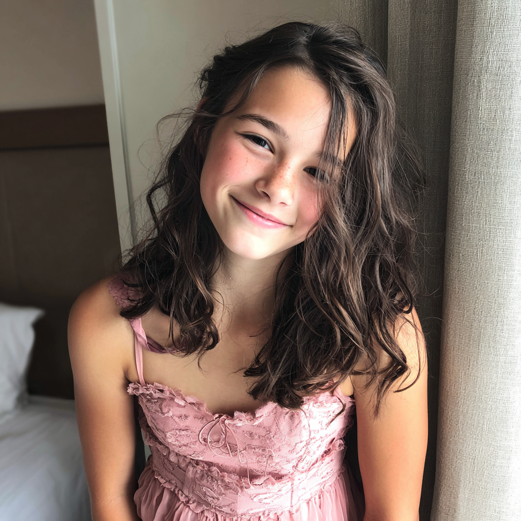 Una niña sonriente con un vestido rosa | Fuente: Midjourney