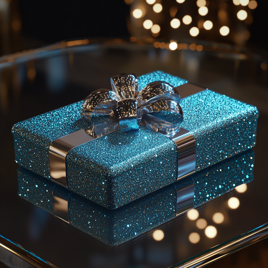 Una caja de regalo azul con un lazo plateado | Fuente: Midjourney