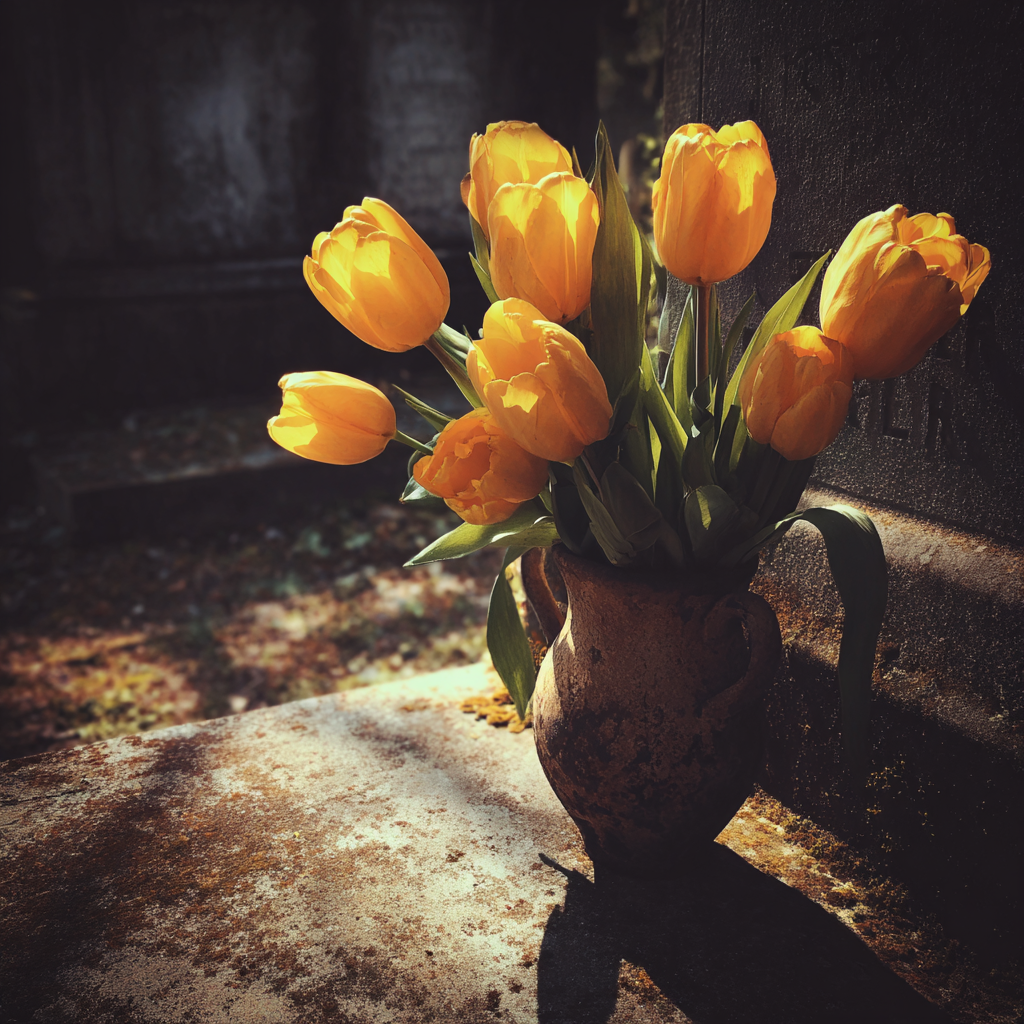 Un jarrón de tulipanes amarillos junto a una lápida | Fuente: Midjourney