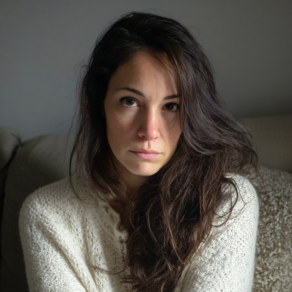 Una mujer sentada en un sofá con un suéter blanco | Fuente: Midjourney
