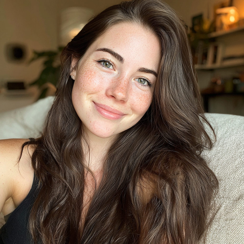 Una mujer sonriente sentada en un sofá | Fuente: Midjourney