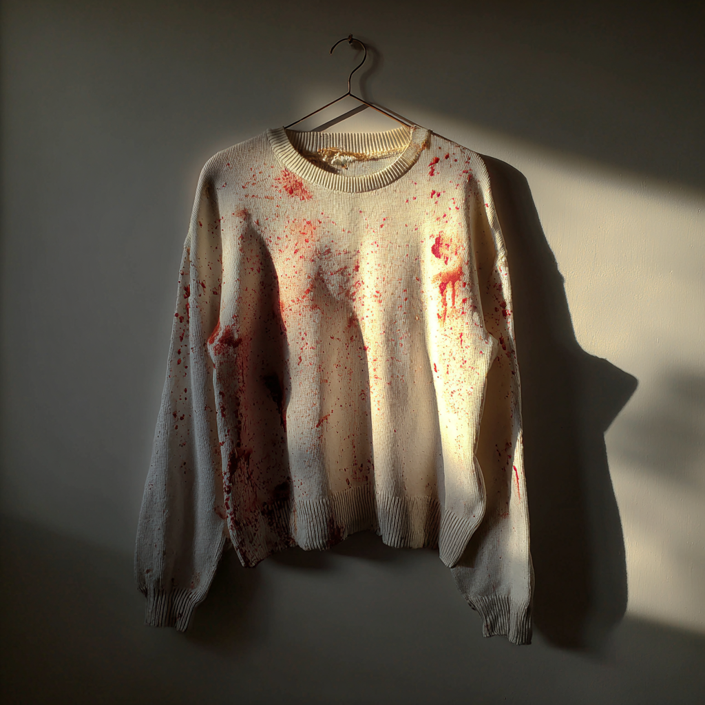 Un jersey manchado en una percha | Fuente: Midjourney