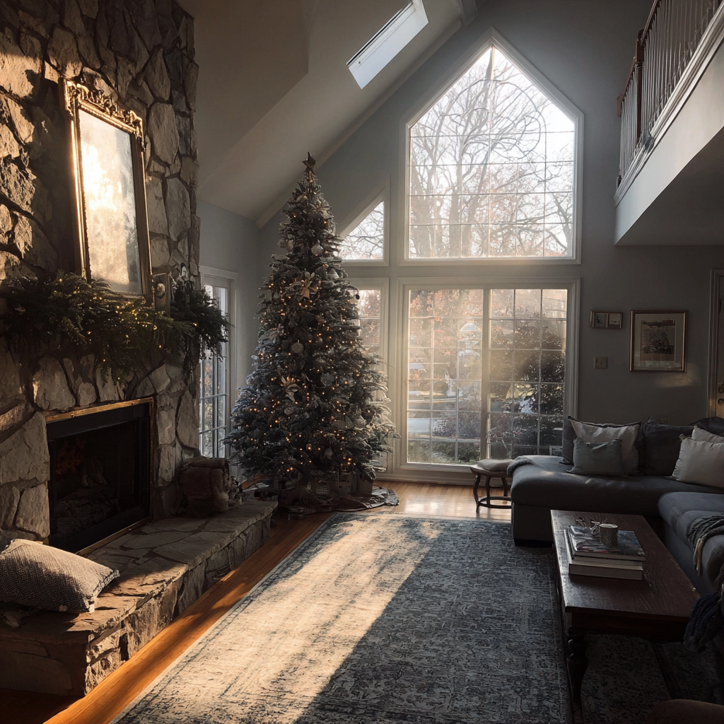 Un árbol de Navidad en un salón | Fuente: Midjourney