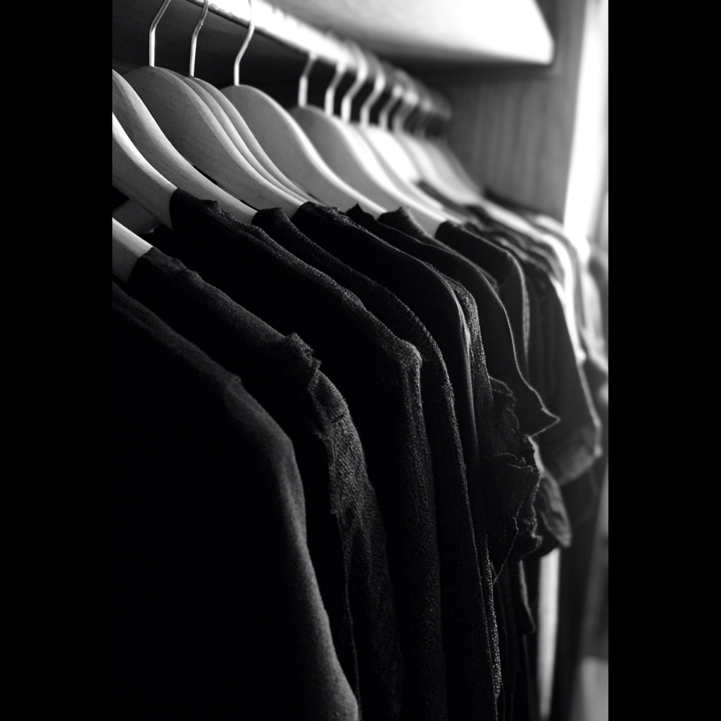 Una hilera de ropa negra en un armario | Fuente: Midjourney