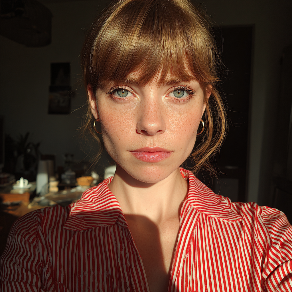 Primer plano de una mujer pensativa de pie en una sala de estar | Fuente: Midjourney