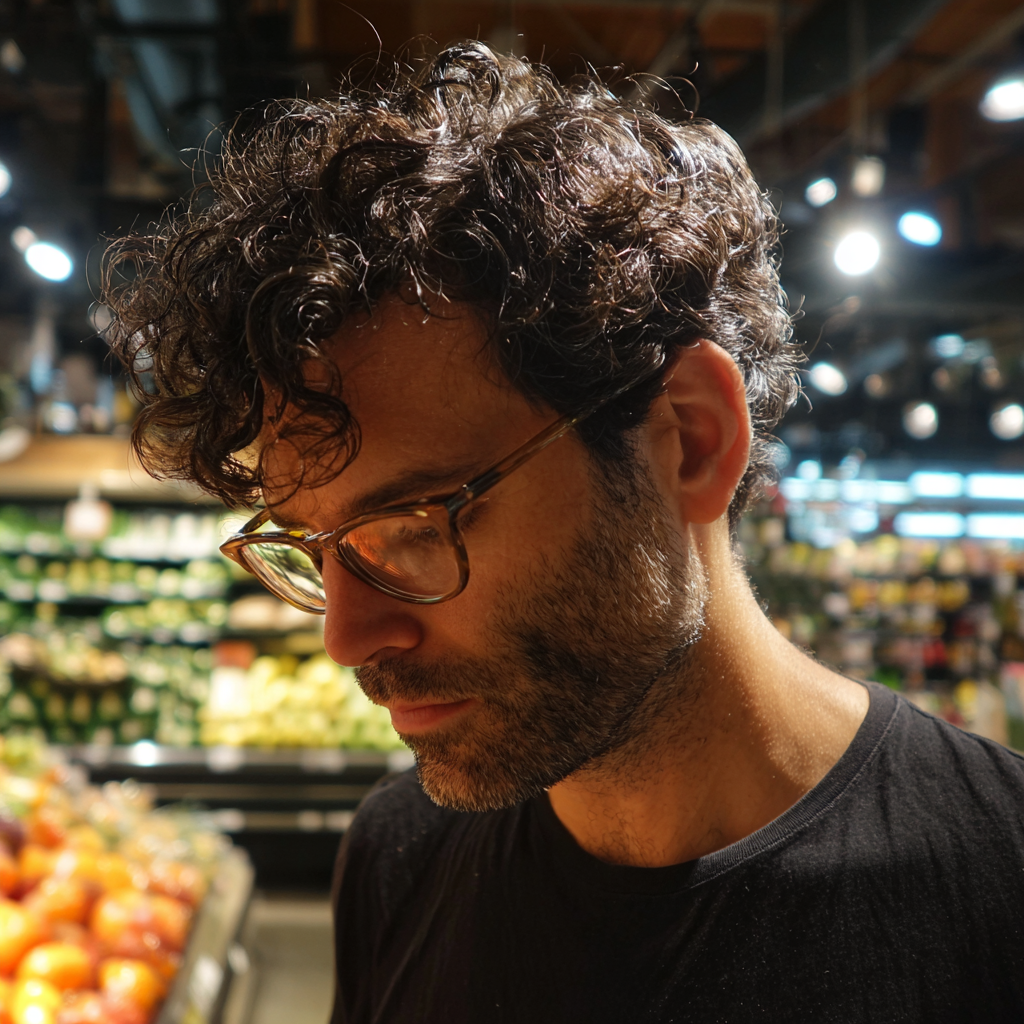 Un hombre pensativo con una camiseta negra | Fuente: Midjourney