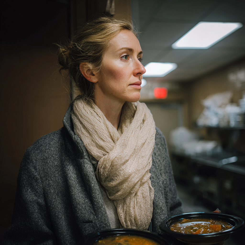 Una mujer con dos platos de sopa en la mano | Fuente: Midjourney