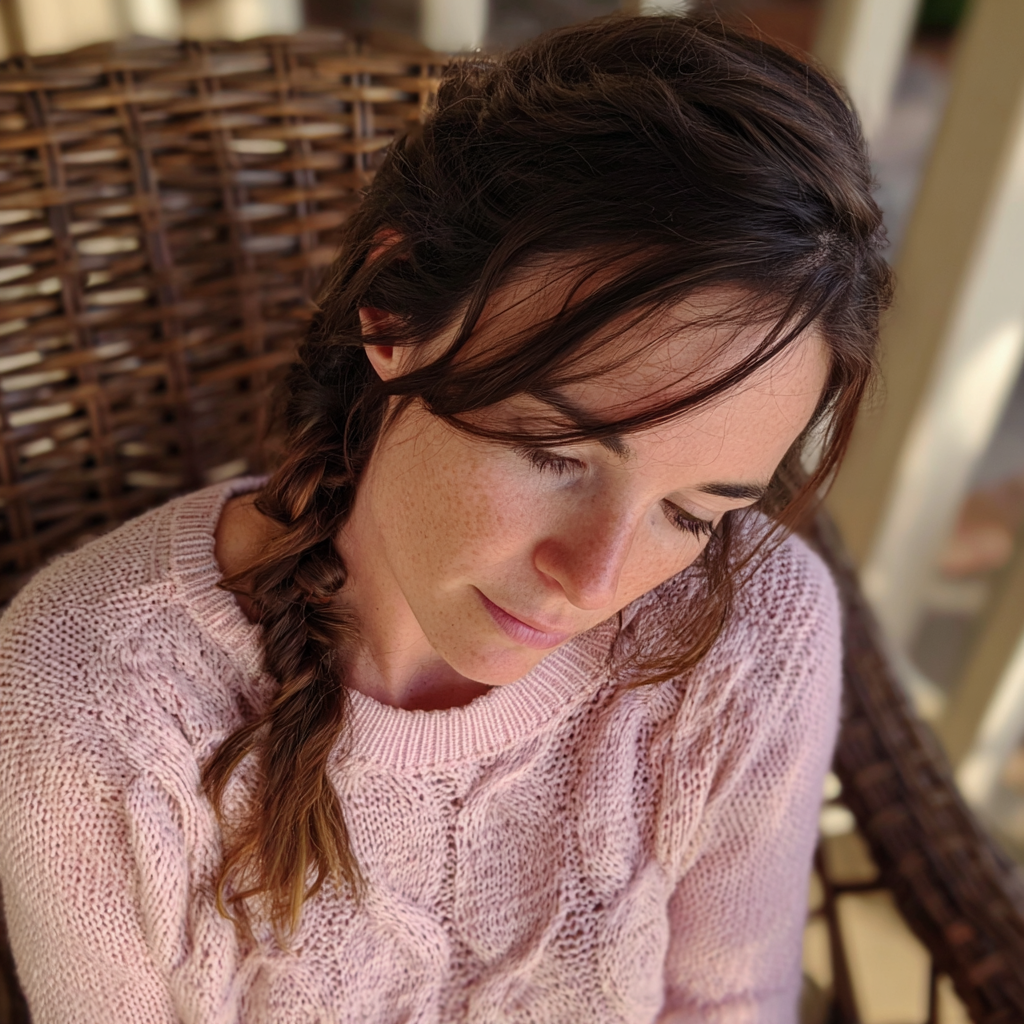 Una mujer con un jersey rosa pálido | Fuente: Midjourney