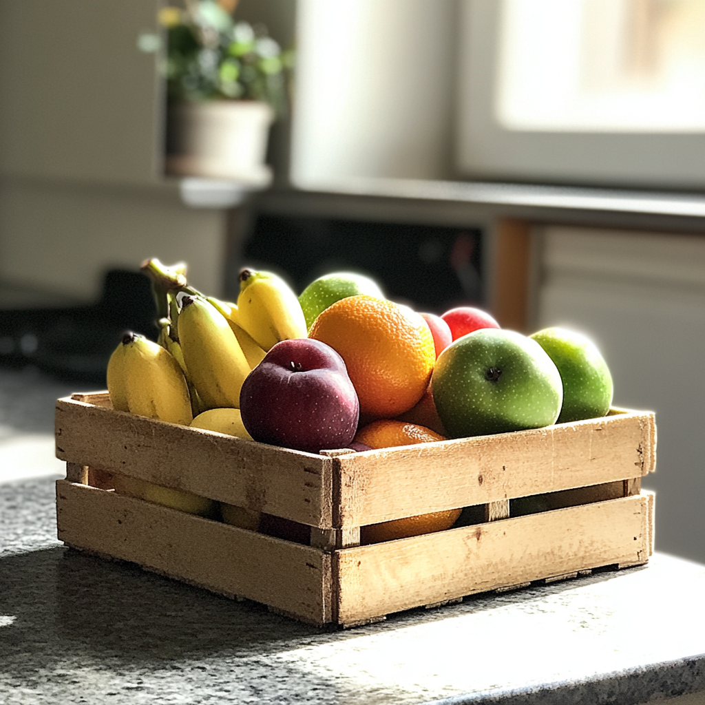 Una caja de fruta fresca sobre la encimera de una cocina | Fuente: Midjourney
