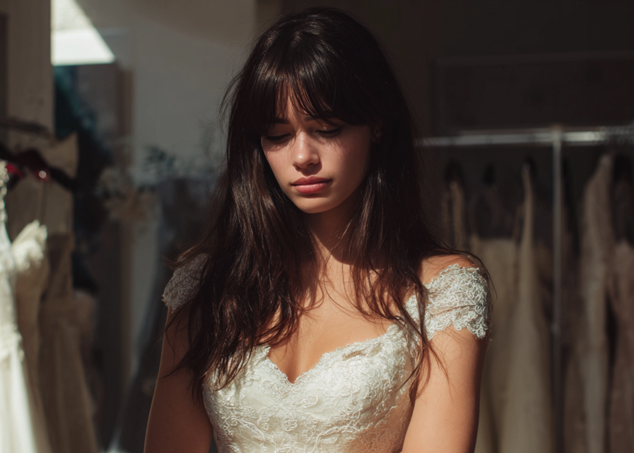 Una mujer pensativa de pie en una boutique | Fuente: Midjourney