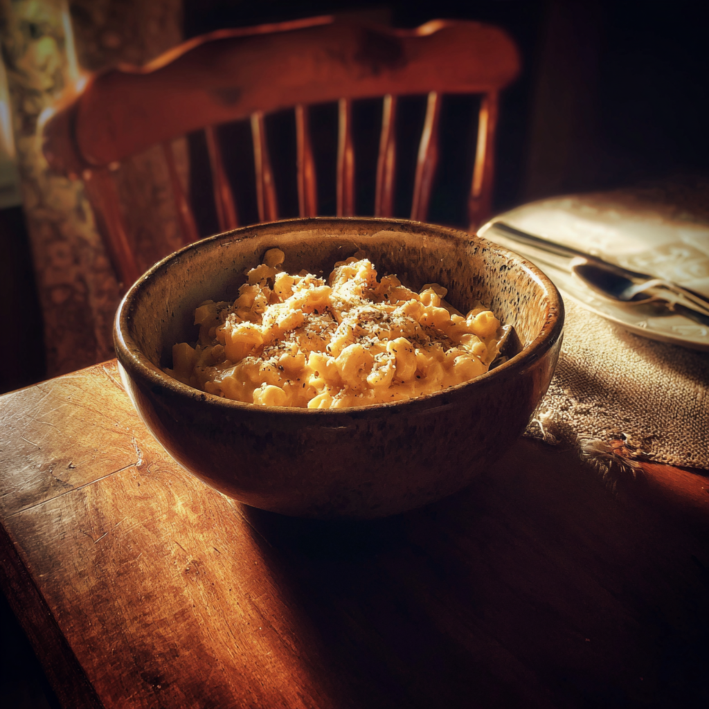Un cuenco de macarrones con queso sobre una mesa | Fuente: Midjourney