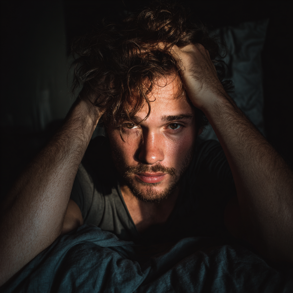 Un hombre alterado sentado en su cama | Fuente: Midjourney