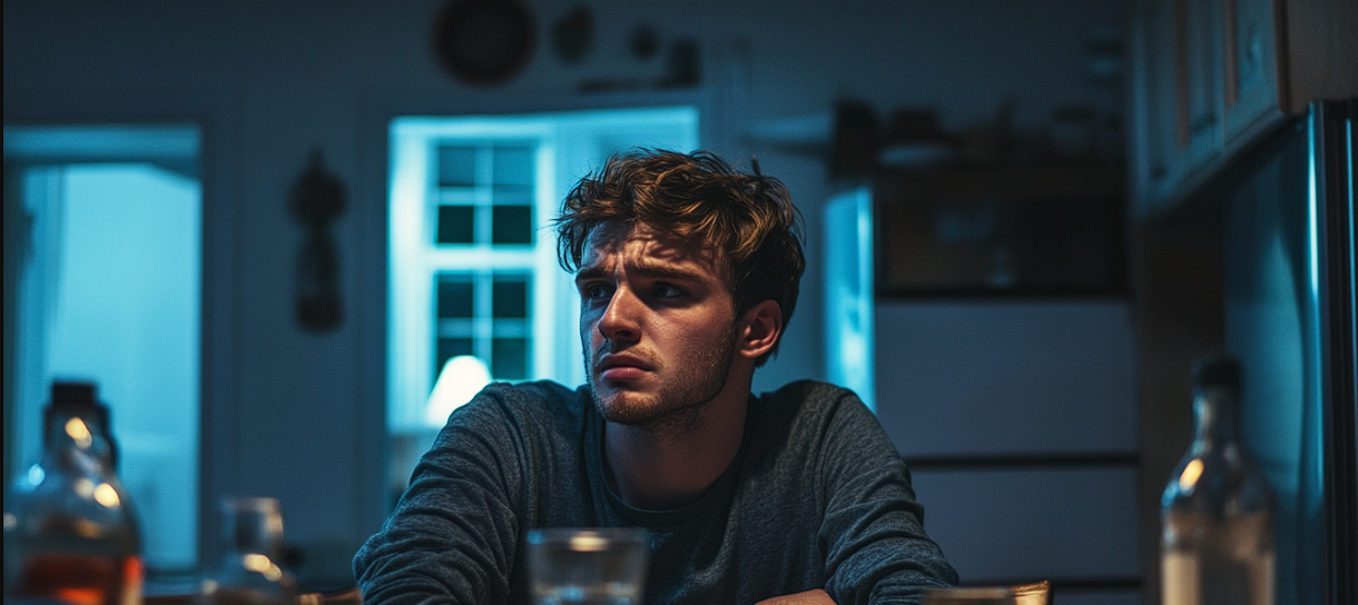 Un hombre mira tristemente a alguien durante la conversación de la cena | Fuente: Midjourney